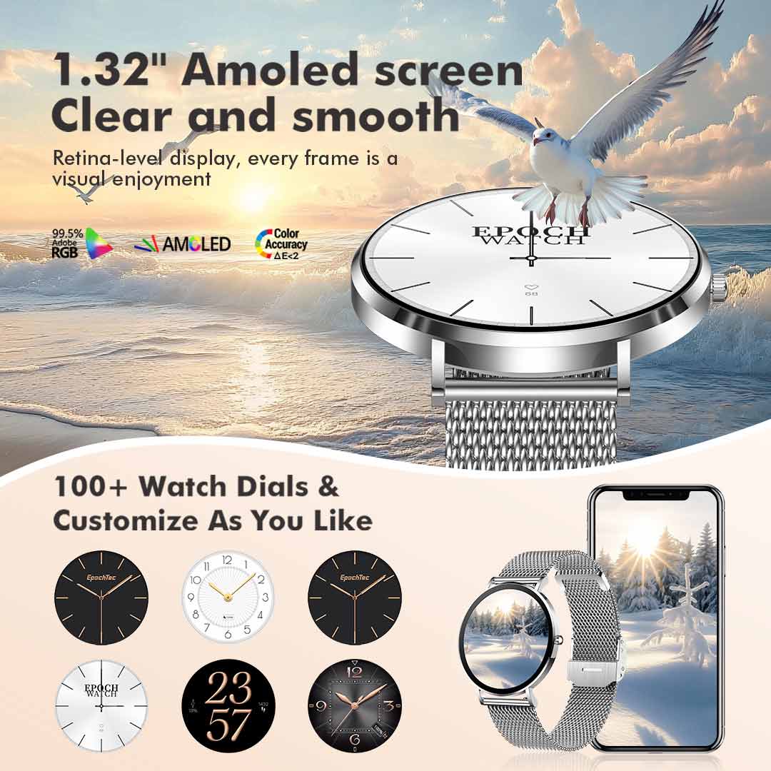 Smartwatch for women, 1.32' AMOLED display, ultra-thin stainless steel smartwatch for fitness EW01