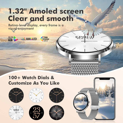 Smartwatch for women, 1.32' AMOLED display, ultra-thin stainless steel smartwatch for fitness EW01