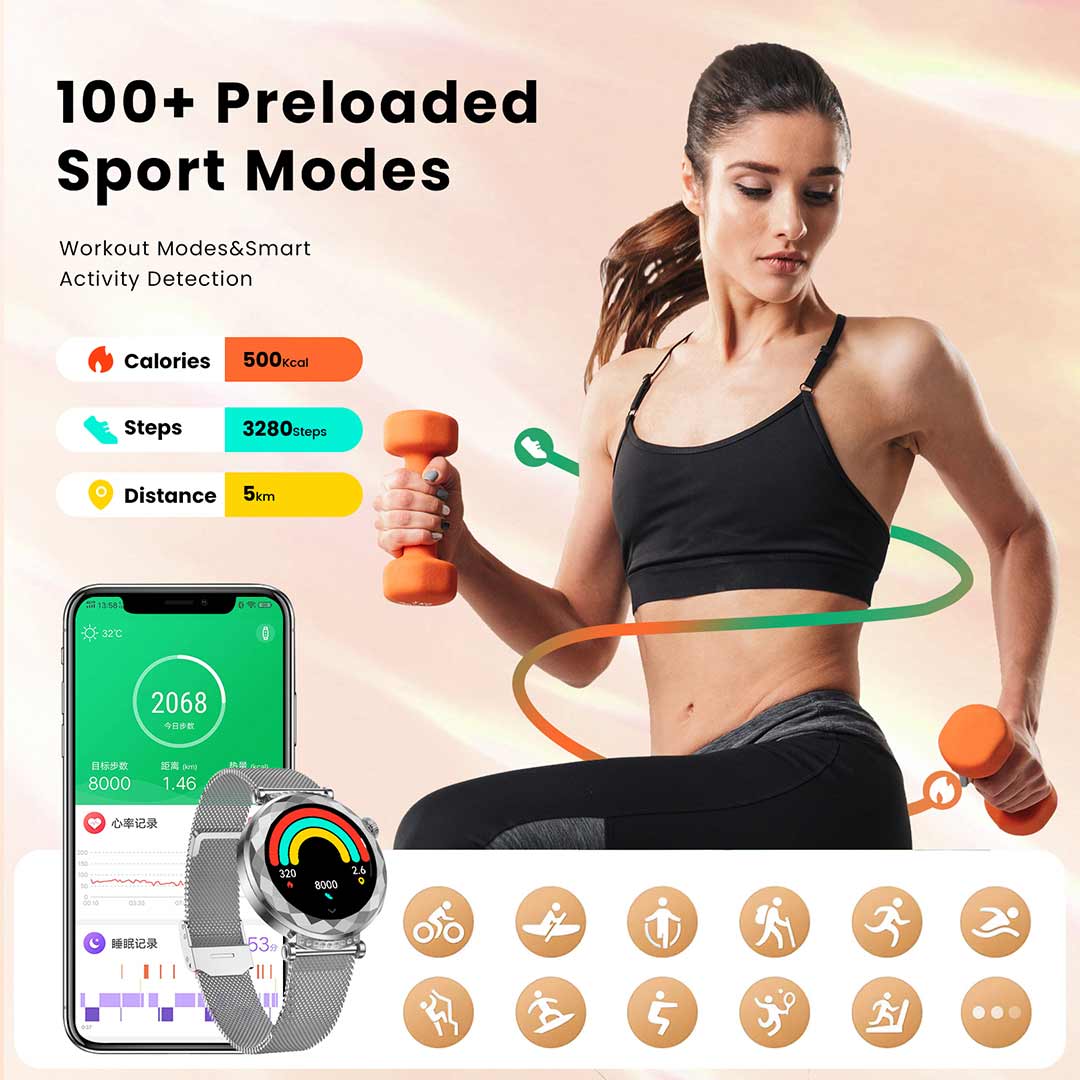 Women fasion smartwatch, 1.19' AMOLED display, women's activity tracker, IP68 waterproof smartwatch EW02
