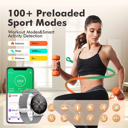Smartwatch for women, 1.32' AMOLED display, ultra-thin stainless steel smartwatch for fitness EW01