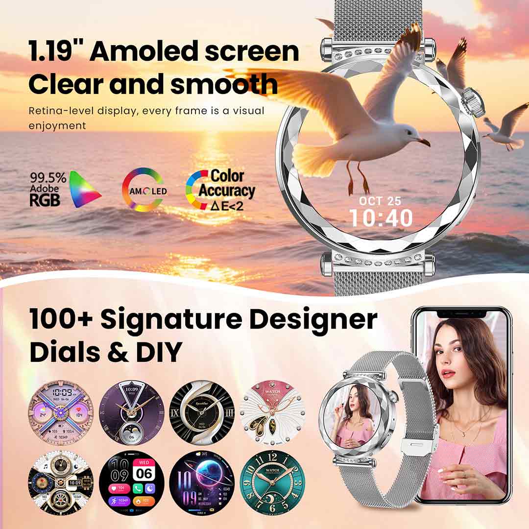 Women fasion smartwatch, 1.19' AMOLED display, women's activity tracker, IP68 waterproof smartwatch EW02